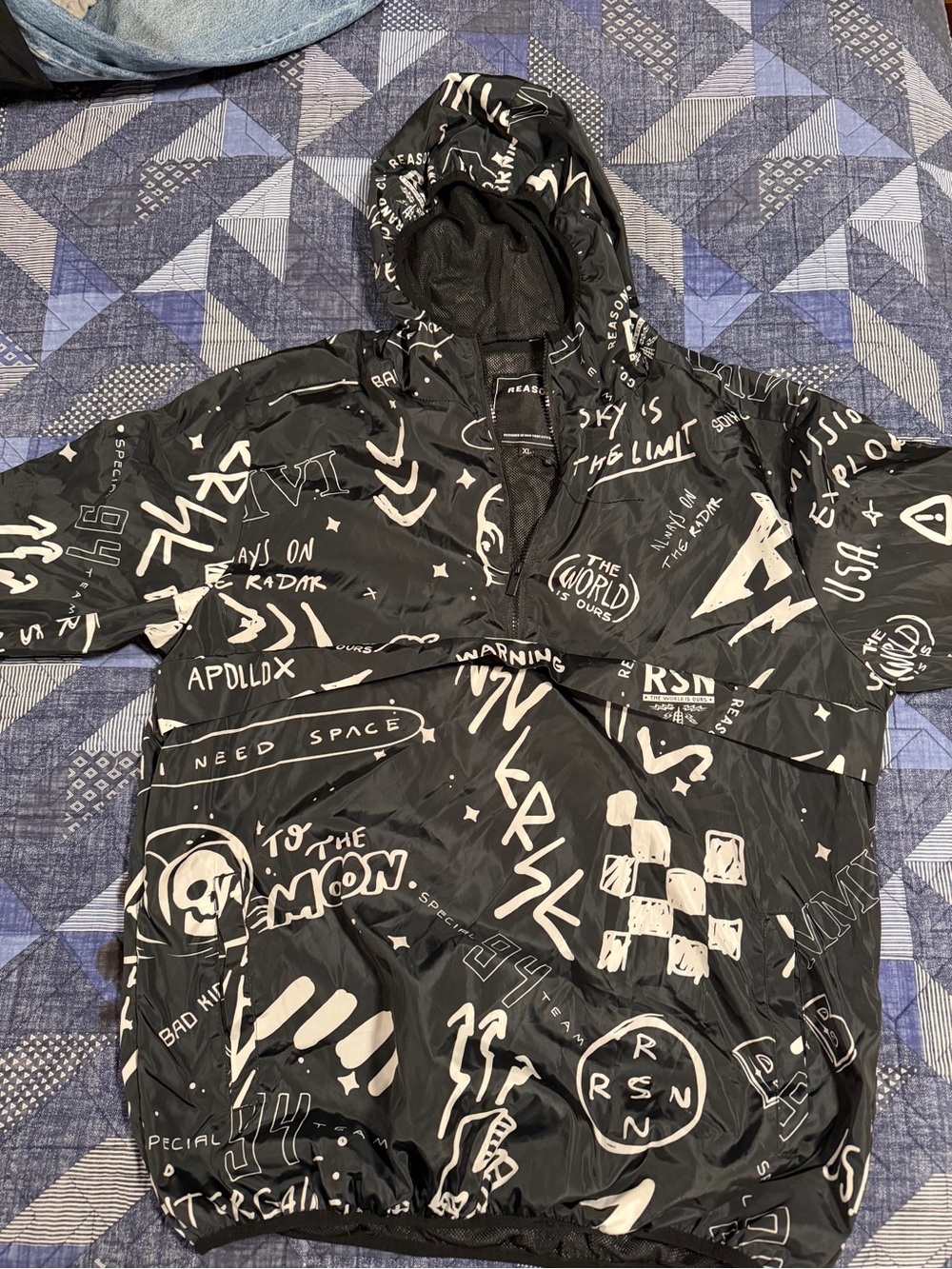 Reason Black Hooded Graphic Pullover Jacket with White Print